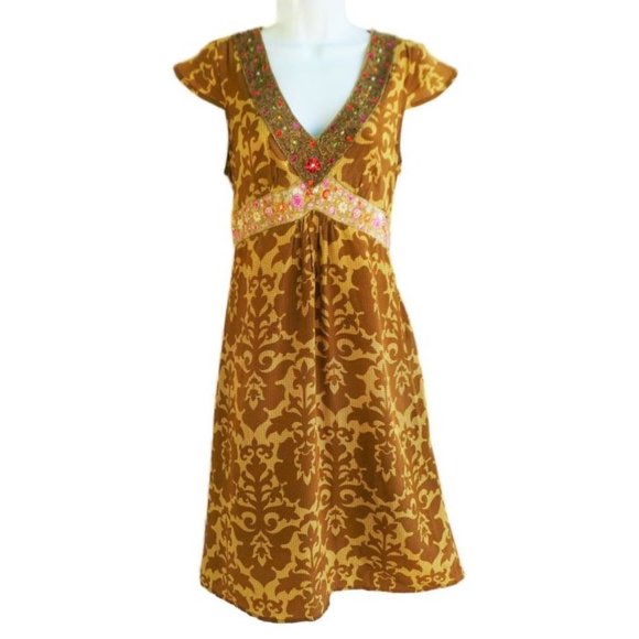 SiLK Y2K Boho Dress Floral Polka Dash Gold Beaded Faux Gemstone V Neck India 6 - Picture 2 of 7
